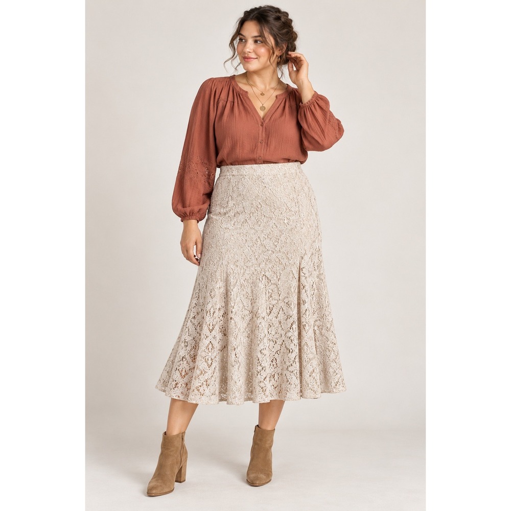 Boho Western Beige Cream Crochet Lace Flare Lined Elastic Waist XL Midi Skirt